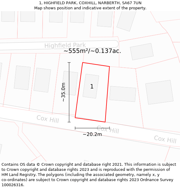 1, HIGHFIELD PARK, COXHILL, NARBERTH, SA67 7UN: Plot and title map