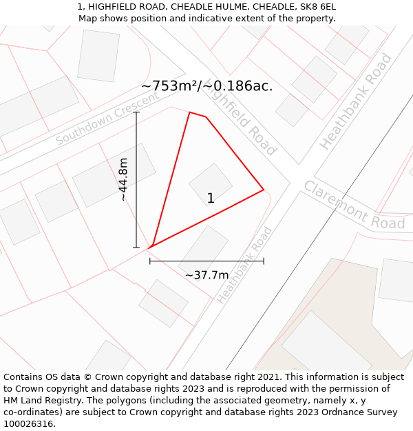 1, HIGHFIELD ROAD, CHEADLE HULME, CHEADLE, SK8 6EL: Plot and title map