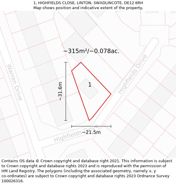 1, HIGHFIELDS CLOSE, LINTON, SWADLINCOTE, DE12 6RH: Plot and title map