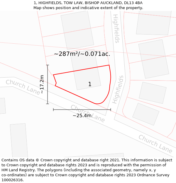 1, HIGHFIELDS, TOW LAW, BISHOP AUCKLAND, DL13 4BA: Plot and title map