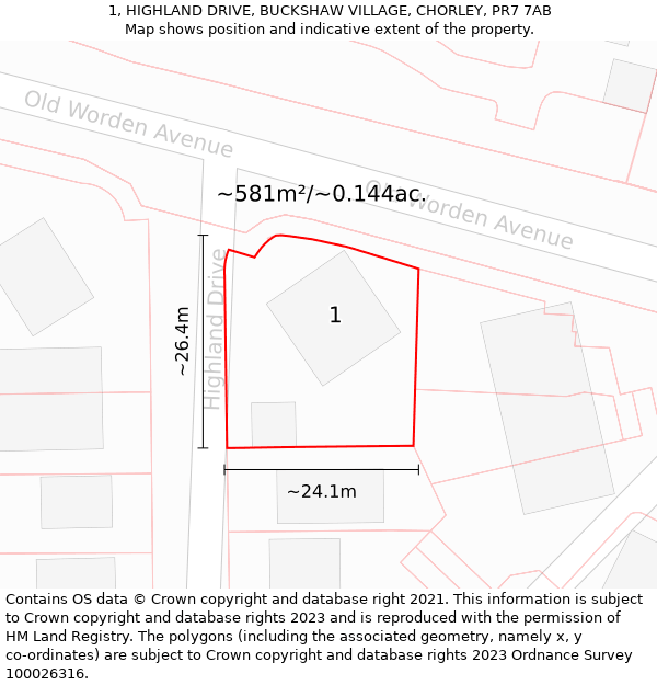 1, HIGHLAND DRIVE, BUCKSHAW VILLAGE, CHORLEY, PR7 7AB: Plot and title map