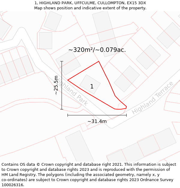 1, HIGHLAND PARK, UFFCULME, CULLOMPTON, EX15 3DX: Plot and title map