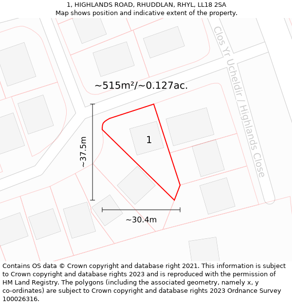 1, HIGHLANDS ROAD, RHUDDLAN, RHYL, LL18 2SA: Plot and title map