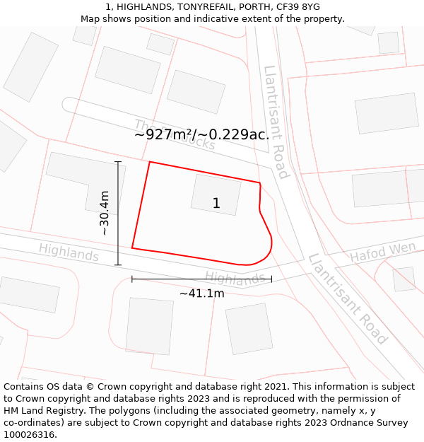 1, HIGHLANDS, TONYREFAIL, PORTH, CF39 8YG: Plot and title map