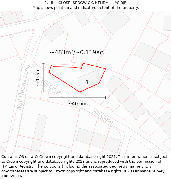 1, HILL CLOSE, SEDGWICK, KENDAL, LA8 0JR: Plot and title map