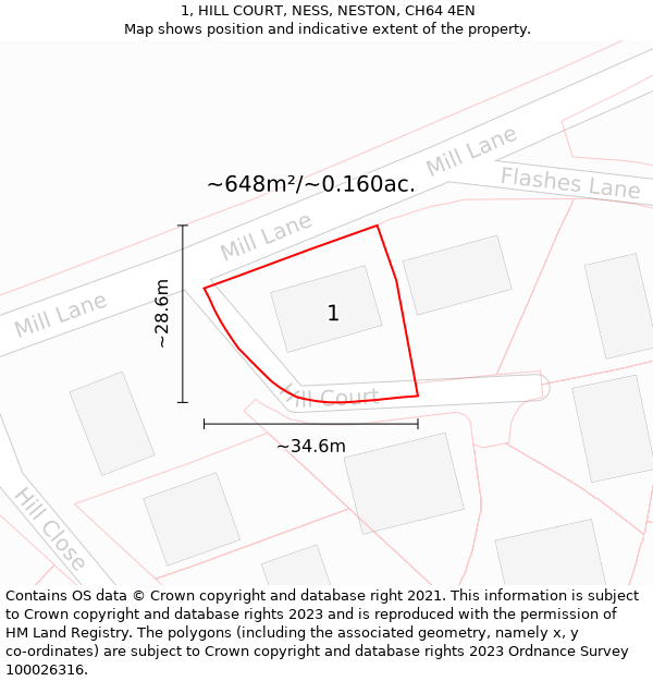 1, HILL COURT, NESS, NESTON, CH64 4EN: Plot and title map