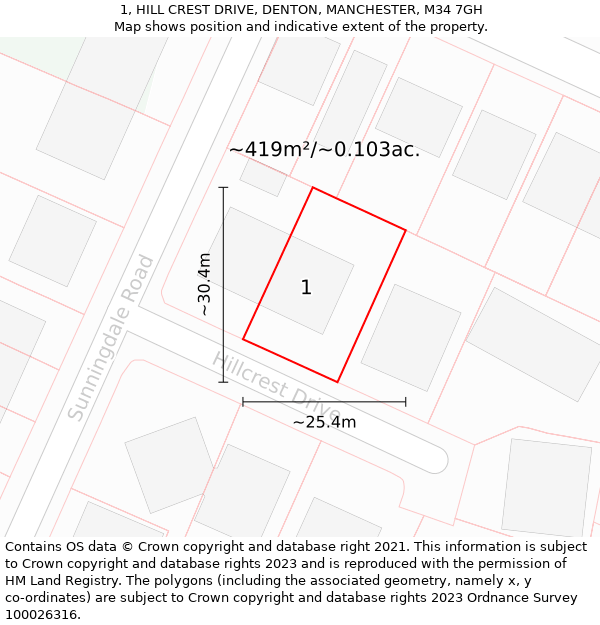 1, HILL CREST DRIVE, DENTON, MANCHESTER, M34 7GH: Plot and title map