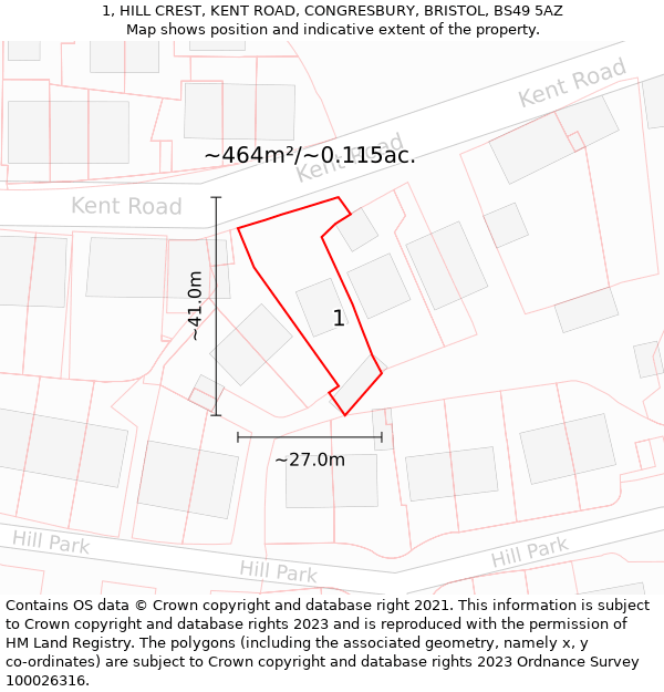 1, HILL CREST, KENT ROAD, CONGRESBURY, BRISTOL, BS49 5AZ: Plot and title map