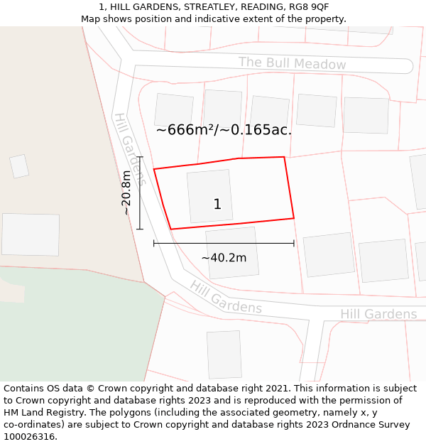 1, HILL GARDENS, STREATLEY, READING, RG8 9QF: Plot and title map