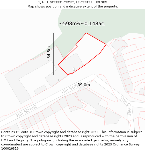 1, HILL STREET, CROFT, LEICESTER, LE9 3EG: Plot and title map