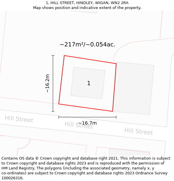 1, HILL STREET, HINDLEY, WIGAN, WN2 2RA: Plot and title map