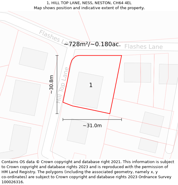 1, HILL TOP LANE, NESS, NESTON, CH64 4EL: Plot and title map