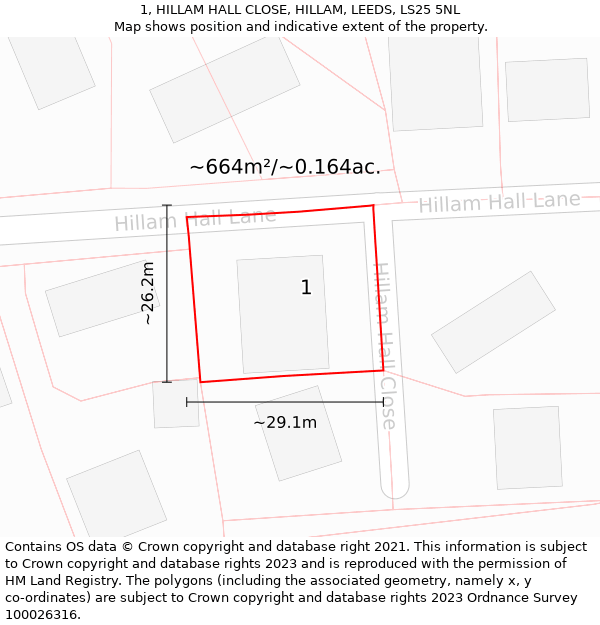 1, HILLAM HALL CLOSE, HILLAM, LEEDS, LS25 5NL: Plot and title map