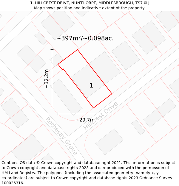 1, HILLCREST DRIVE, NUNTHORPE, MIDDLESBROUGH, TS7 0LJ: Plot and title map