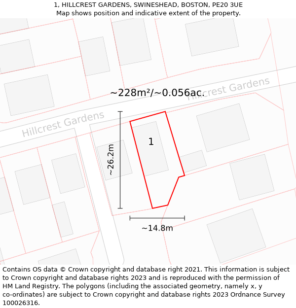 1, HILLCREST GARDENS, SWINESHEAD, BOSTON, PE20 3UE: Plot and title map