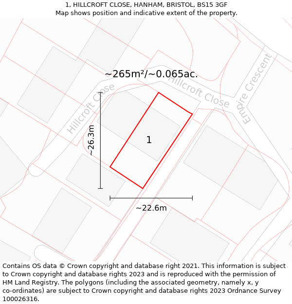 1, HILLCROFT CLOSE, HANHAM, BRISTOL, BS15 3GF: Plot and title map