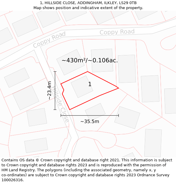 1, HILLSIDE CLOSE, ADDINGHAM, ILKLEY, LS29 0TB: Plot and title map