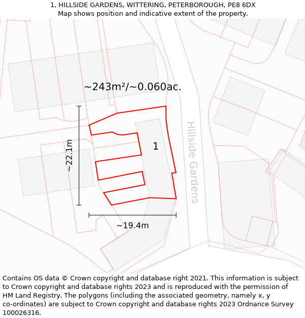 1, HILLSIDE GARDENS, WITTERING, PETERBOROUGH, PE8 6DX: Plot and title map