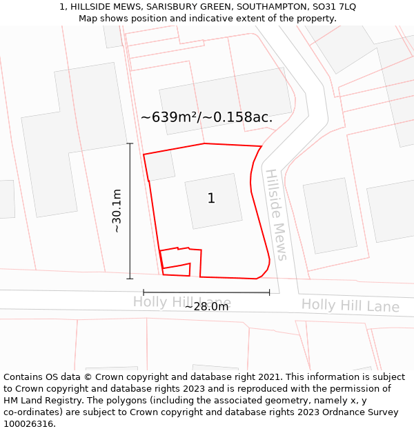 1, HILLSIDE MEWS, SARISBURY GREEN, SOUTHAMPTON, SO31 7LQ: Plot and title map