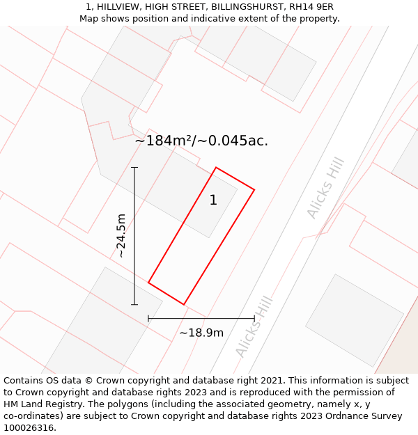 1, HILLVIEW, HIGH STREET, BILLINGSHURST, RH14 9ER: Plot and title map