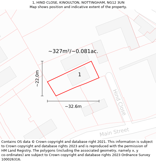 1, HIND CLOSE, KINOULTON, NOTTINGHAM, NG12 3UN: Plot and title map