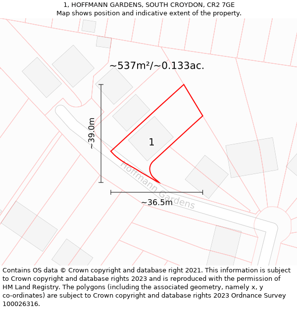 1, HOFFMANN GARDENS, SOUTH CROYDON, CR2 7GE: Plot and title map