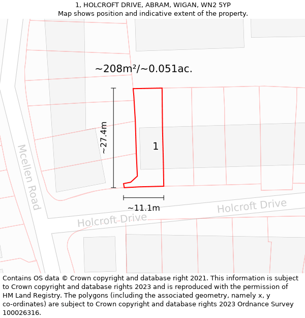 1, HOLCROFT DRIVE, ABRAM, WIGAN, WN2 5YP: Plot and title map
