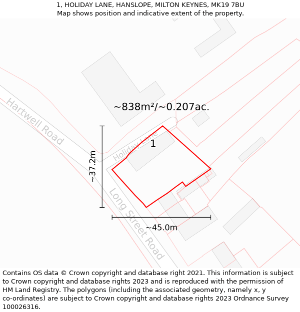 1, HOLIDAY LANE, HANSLOPE, MILTON KEYNES, MK19 7BU: Plot and title map