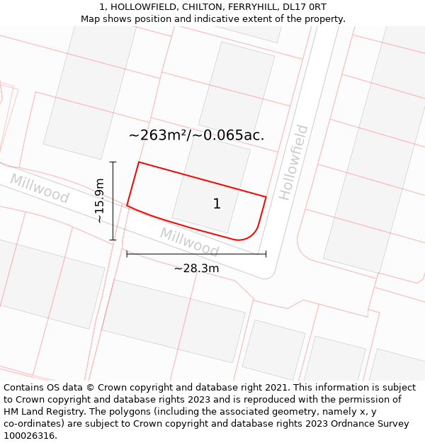 1, HOLLOWFIELD, CHILTON, FERRYHILL, DL17 0RT: Plot and title map