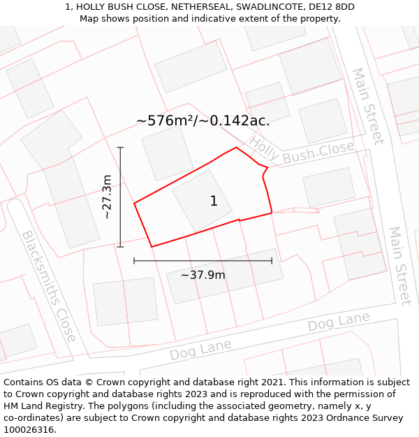 1, HOLLY BUSH CLOSE, NETHERSEAL, SWADLINCOTE, DE12 8DD: Plot and title map