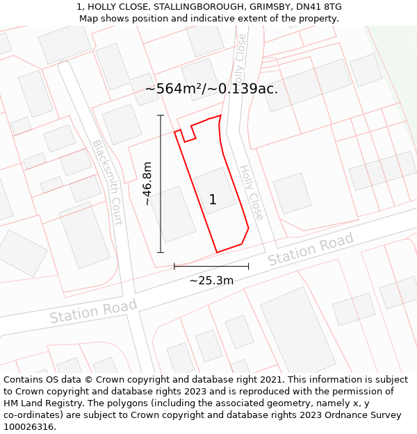 1, HOLLY CLOSE, STALLINGBOROUGH, GRIMSBY, DN41 8TG: Plot and title map