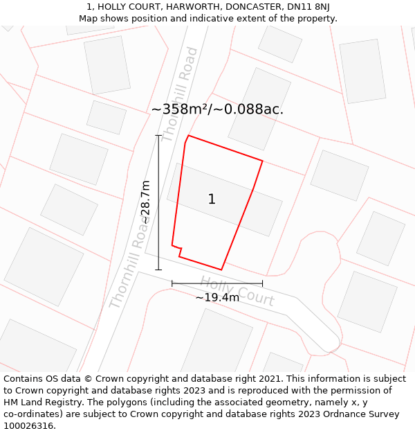 1, HOLLY COURT, HARWORTH, DONCASTER, DN11 8NJ: Plot and title map