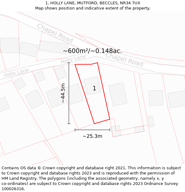 1, HOLLY LANE, MUTFORD, BECCLES, NR34 7UX: Plot and title map