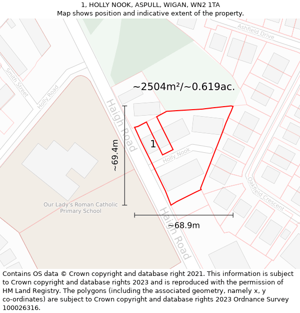 1, HOLLY NOOK, ASPULL, WIGAN, WN2 1TA: Plot and title map