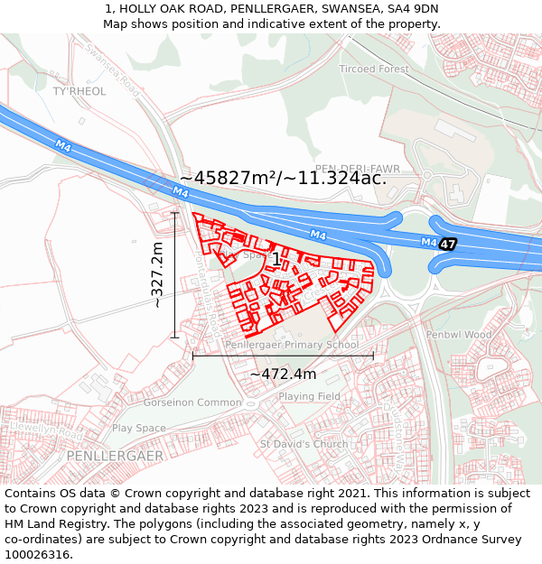 1, HOLLY OAK ROAD, PENLLERGAER, SWANSEA, SA4 9DN: Plot and title map