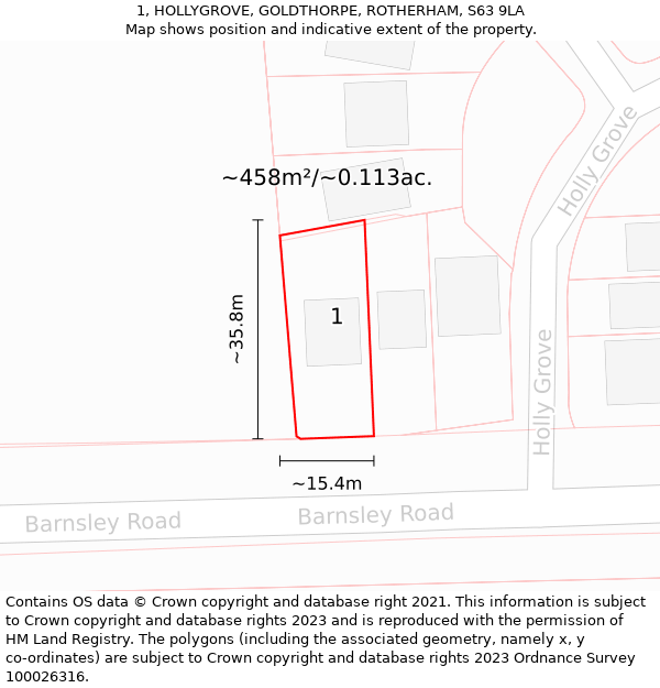 1, HOLLYGROVE, GOLDTHORPE, ROTHERHAM, S63 9LA: Plot and title map