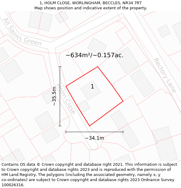 1, HOLM CLOSE, WORLINGHAM, BECCLES, NR34 7RT: Plot and title map