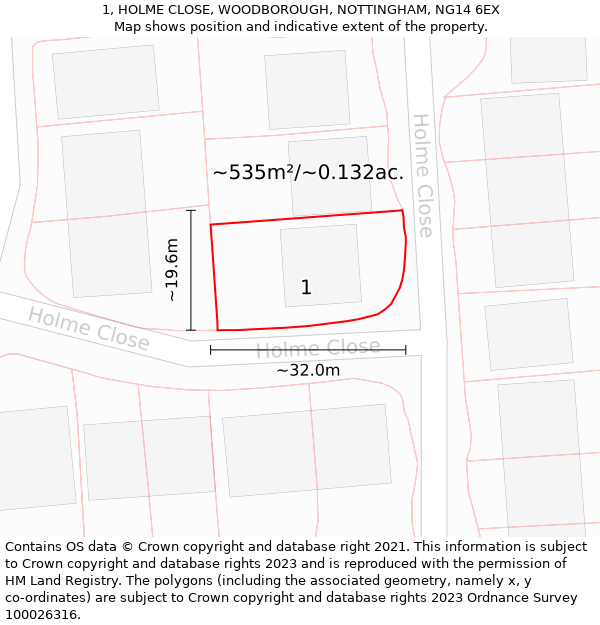 1, HOLME CLOSE, WOODBOROUGH, NOTTINGHAM, NG14 6EX: Plot and title map