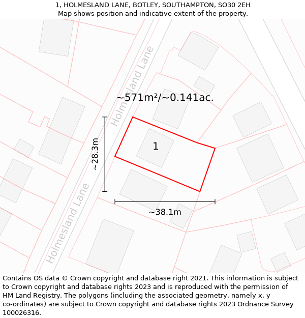 1, HOLMESLAND LANE, BOTLEY, SOUTHAMPTON, SO30 2EH: Plot and title map