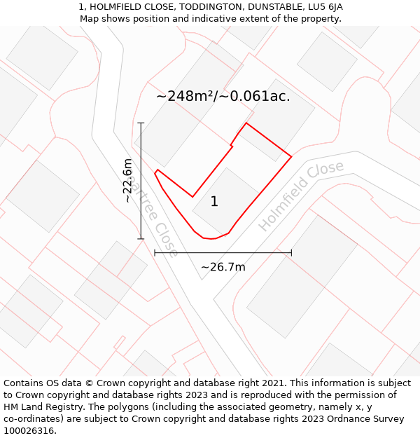 1, HOLMFIELD CLOSE, TODDINGTON, DUNSTABLE, LU5 6JA: Plot and title map