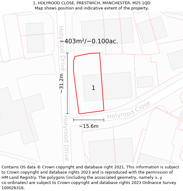 1, HOLYROOD CLOSE, PRESTWICH, MANCHESTER, M25 1QD: Plot and title map