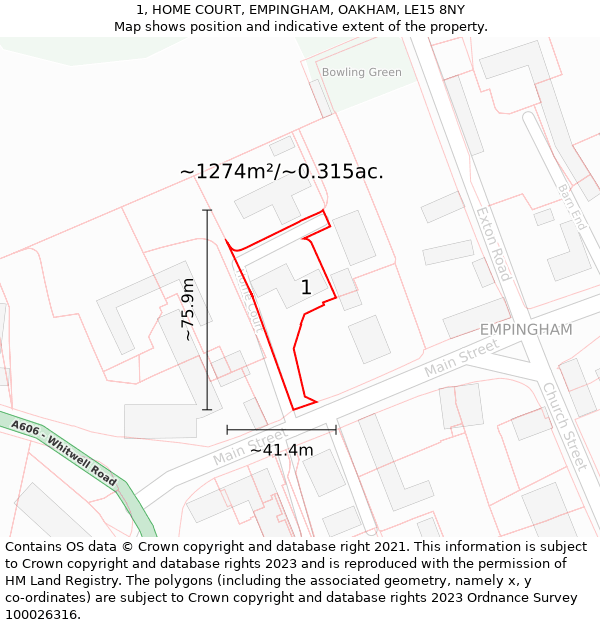 1, HOME COURT, EMPINGHAM, OAKHAM, LE15 8NY: Plot and title map