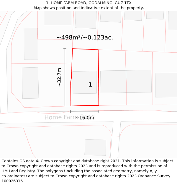 1, HOME FARM ROAD, GODALMING, GU7 1TX: Plot and title map