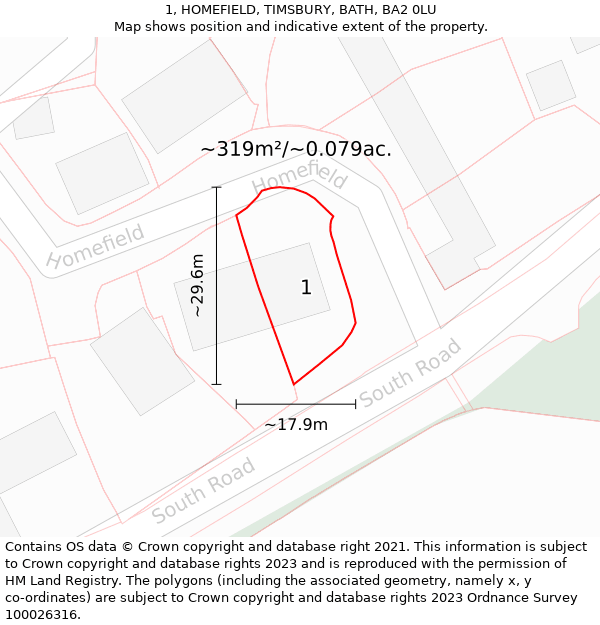 1, HOMEFIELD, TIMSBURY, BATH, BA2 0LU: Plot and title map