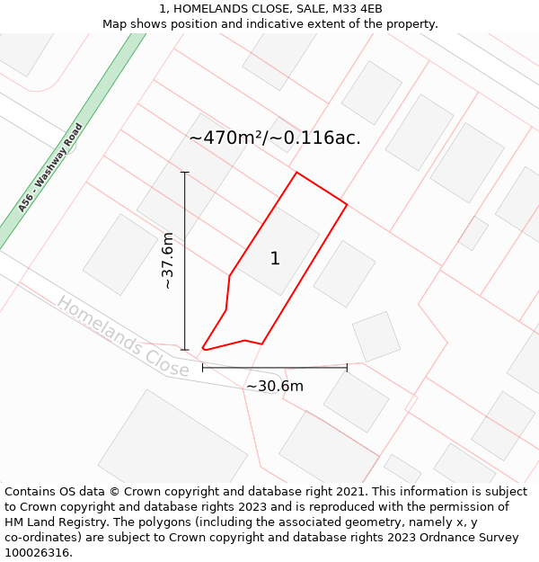 1, HOMELANDS CLOSE, SALE, M33 4EB: Plot and title map