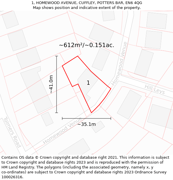 1, HOMEWOOD AVENUE, CUFFLEY, POTTERS BAR, EN6 4QG: Plot and title map