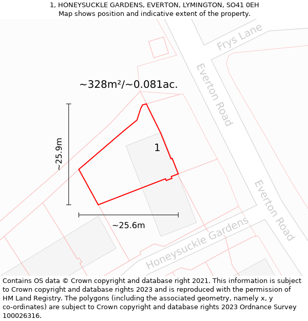 1, HONEYSUCKLE GARDENS, EVERTON, LYMINGTON, SO41 0EH: Plot and title map