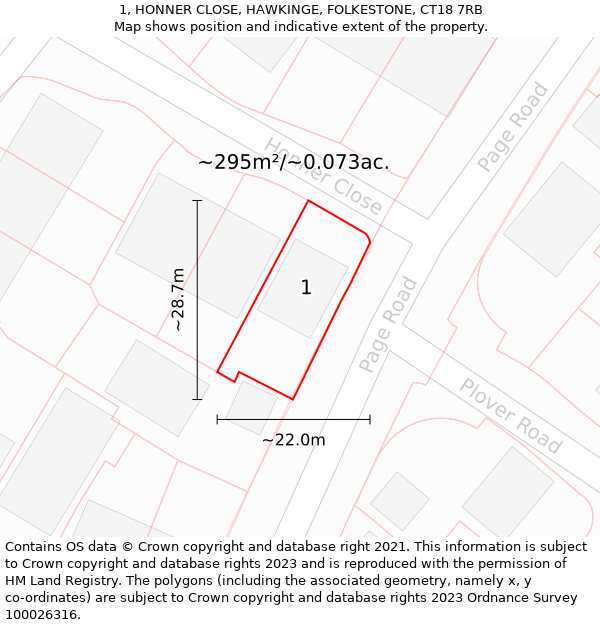 1, HONNER CLOSE, HAWKINGE, FOLKESTONE, CT18 7RB: Plot and title map