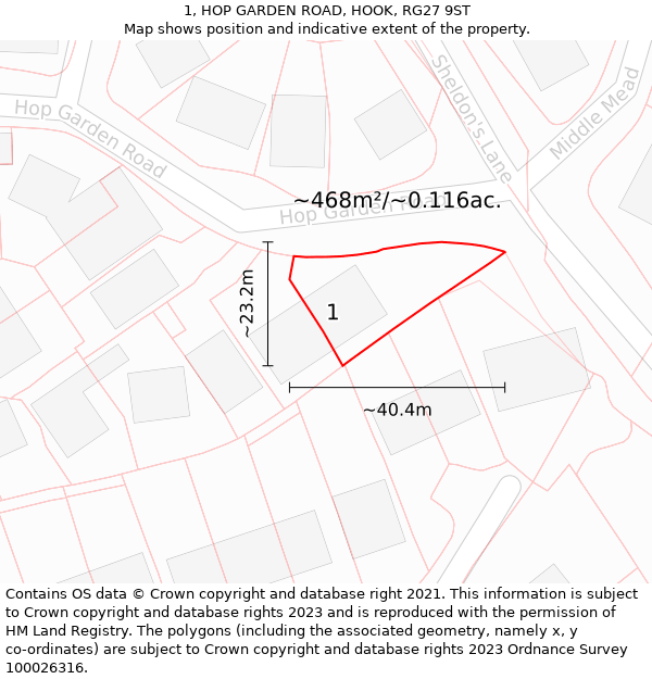 1, HOP GARDEN ROAD, HOOK, RG27 9ST: Plot and title map