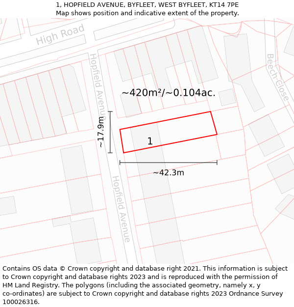 1, HOPFIELD AVENUE, BYFLEET, WEST BYFLEET, KT14 7PE: Plot and title map